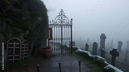 A fog-covered cliffside path, where a rusted iron gate opens into a vast cemetery. Faint whispers seem to rise from the graves.