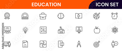 Education vector line icons featuring books, graduation caps, classrooms, teachers, students, online learning, diplomas, study tools, and knowledge sharing symbols.