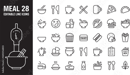 Food and meal line icon set. A collection of minimalist dining, restaurant, and cooking symbols.