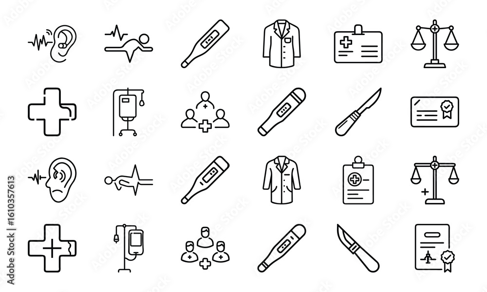 Professional Medical and Healthcare Icon Set – Line Art Collection Featuring Doctors, Equipment, Thermometers, CPR, and Certification Symbols Professional Medical and Healthcare Icon Set – Line Art Collection Featuring Doctors, Equipment, Thermometers, CPR, and Certification Symbols