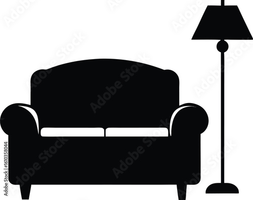 A black and white silhouette depicting a couch and lamp, illustrating a stylish and minima