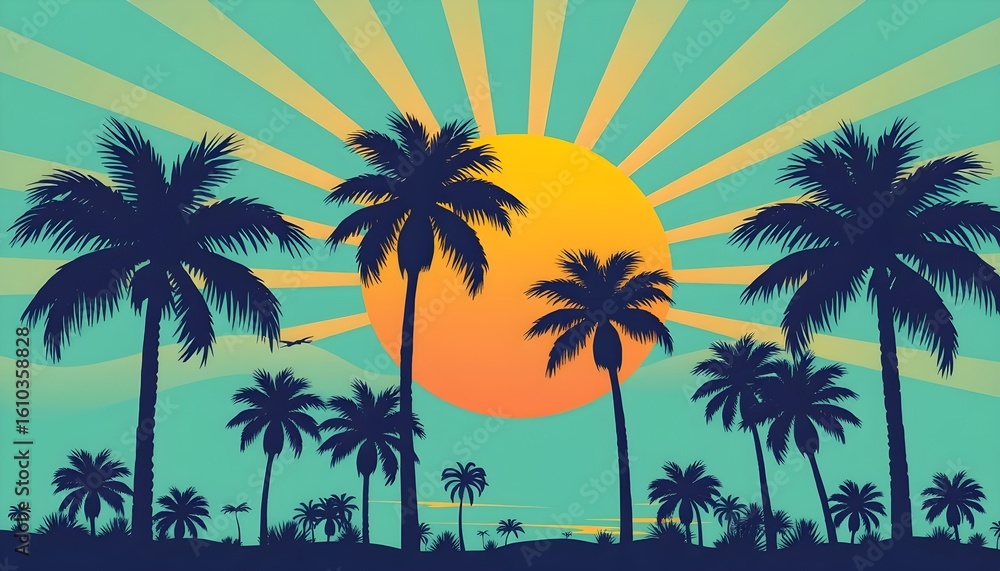 Naklejka premium Sunset over tropical palm trees beachside location nature scene vibrant atmosphere