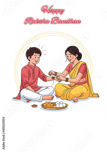 Raksha Bandhan Celebration Illustration – Sister Tying Rakhi on Brother’s Wrist with Sweets and Kumkum Plate