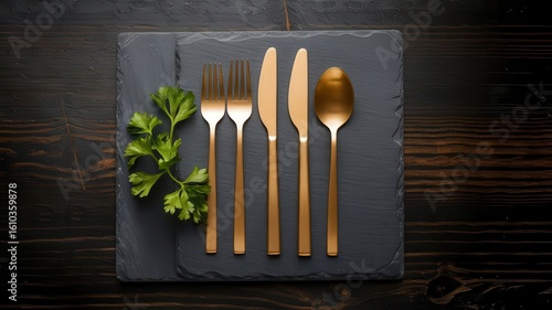 Elegant golden cutlery arrangement on dark slate with fresh parsley accent