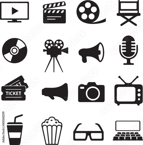 Cinema Icons Set, Vector Illustration of Movie, film, movie, tv, video and Theater Symbols on White Background