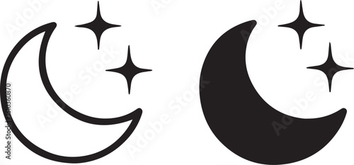  Half Moon Vector Icons, Outline and Filled Moon Symbols Isolated on White Background.