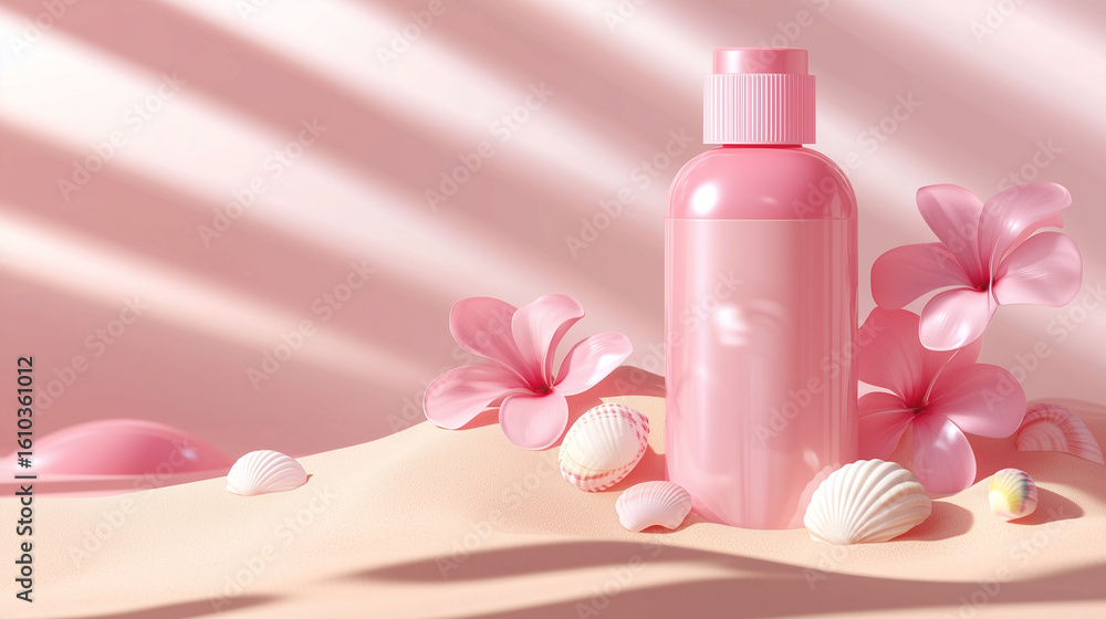 Pink cosmetic bottle with pump cap surrounded by frangipani flowers and seashells on sandy surface against a soft pink backdrop with light rays. Pink cosmetic bottle with pump cap surrounded by frangipani flowers and seashells on sandy surface against a soft pink backdrop with light rays.