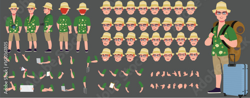 Traveler character model sheet, Character poses, expressions, Walk cycle, Run cycle animated character sequences.
