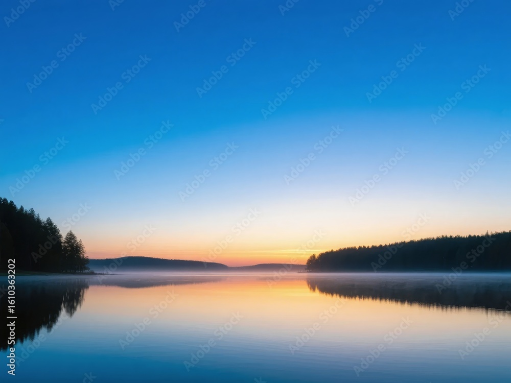 Calm Lake at Dawn with Reflective Water and Silhouetted Trees Calm Lake at Dawn with Reflective Water and Silhouetted Trees
