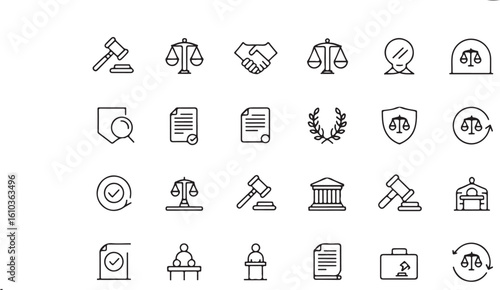 A set of 24 minimalist line art icons representing law, justice, and legal services