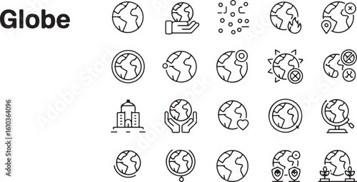 A set of globe line art icons. Vector symbols for Earth, planet, travel, and ecology concepts.