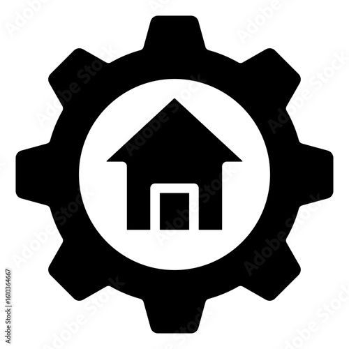 Property Setup Glyph Black Silhouette Icon Vector Design - House inside a gear, symbolizing housing management, property settings, or smart home setup