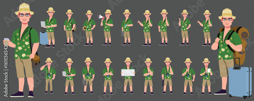 Traveler character model sheet, Character poses, expressions, Walk cycle, Run cycle animated character sequences.