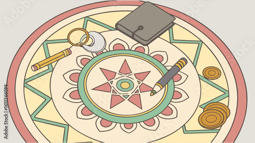 Illustration of a patterned rug with a wallet, magnifying glass, pencils and coins scattered on it