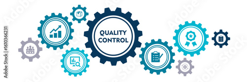 Quality control banner web icon vector illustration concept for product and service quality inspection with an icon of analysis, evaluation, improve, process, approval, result, and customer 