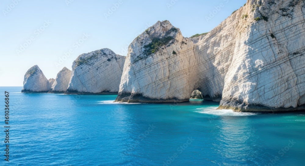 Coastal cliffs rise from turquoise sea under clear sky Coastal cliffs rise from turquoise sea under clear sky