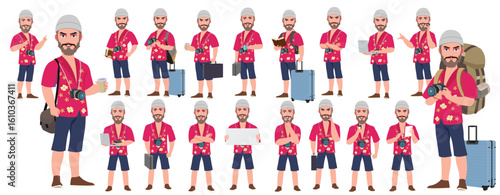 Traveler character model sheet, Character poses, expressions, Walk cycle, Run cycle animated character sequences.
