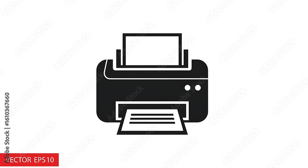A black and white illustration of a printer with paper in the input and output trays shown A black and white illustration of a printer with paper in the input and output trays shown