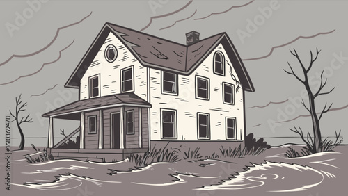 Flooded house illustration showing property damage and disaster after flood from storm and heavy rainfall