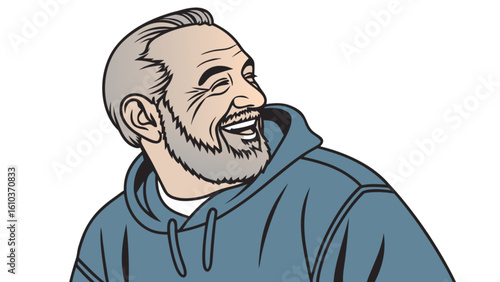 Illustration of laughing man with grey hair beard wearing hoodie cartoon character vector drawing design