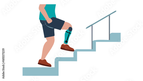 Prosthetic leg climbing stairs illustration for disability awareness and accessibility solutions design concept