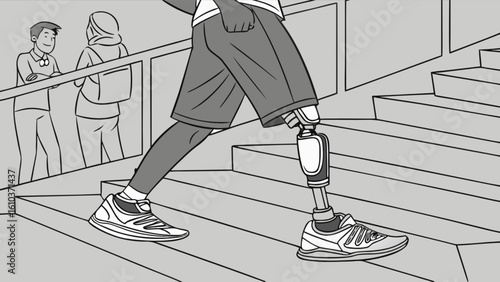 Man with prosthetic leg walking up stairs accessibility inclusion disability awareness mobility support