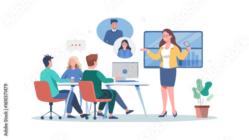 Business meeting presentation online conference team collaboration and video call for remote work and learning