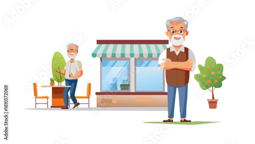 Illustration of senior men at outdoor cafe shop with awning and furniture for retirement lifestyle