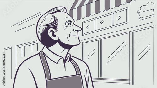 Illustration of a smiling shop owner in apron standing in front of his store business building happy