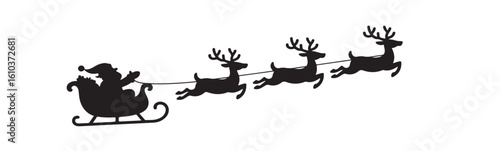 Silhouette of santa claus in a sleigh pulled by three reindeer against a white background image art