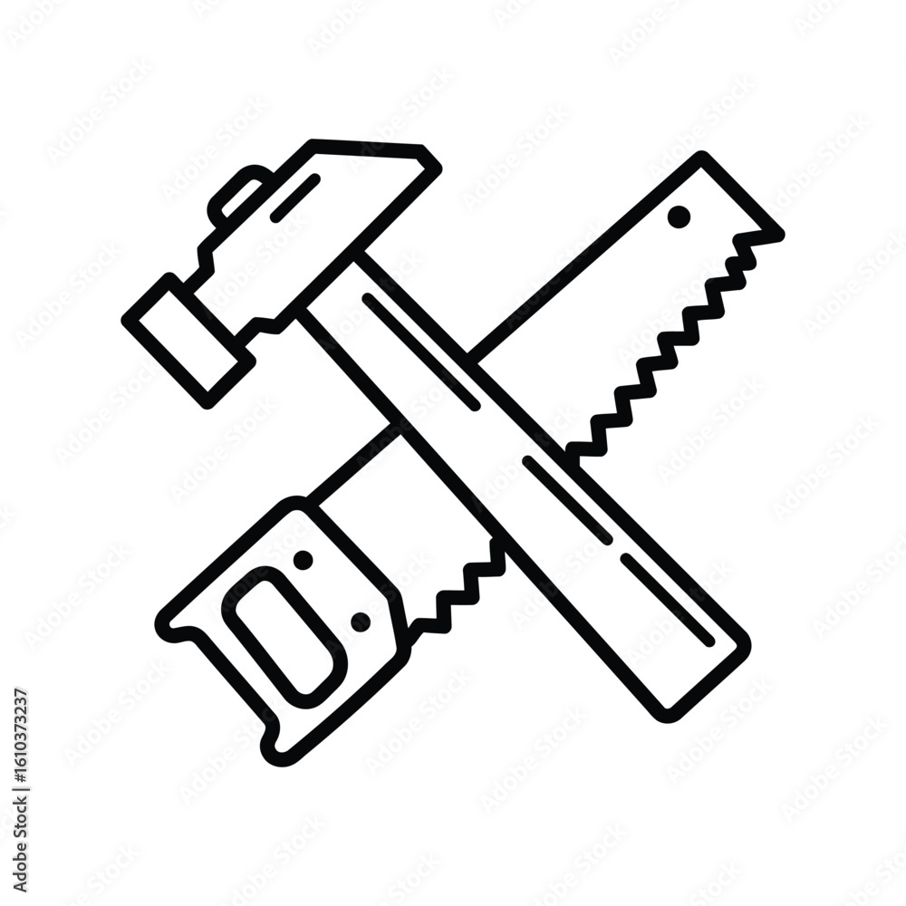 Crossed hammer and saw outline icons: carpentry, construction tools vector Crossed hammer and saw outline icons: carpentry, construction tools vector