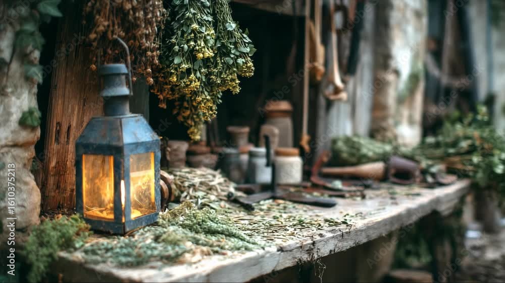 Old lantern on rustic wooden table surrounded by dried herbs in a cozy workshop at dusk Old lantern on rustic wooden table surrounded by dried herbs in a cozy workshop at dusk