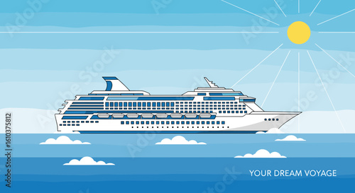 cruise ship sailing on the ocean, sunny day, flat design illustration, travel concept, vacation