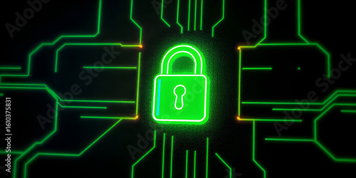 Vibrant colored technology is represented by a 3D rendered green neon light lock icon, isolated on a black background