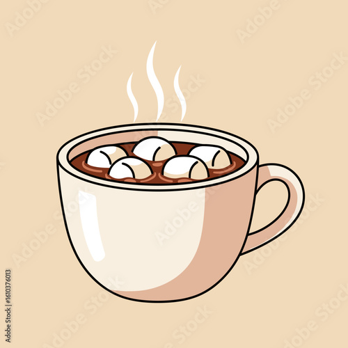 Hot chocolate with marshmallows in a white mug, cozy illustration on a beige background, warm beverage