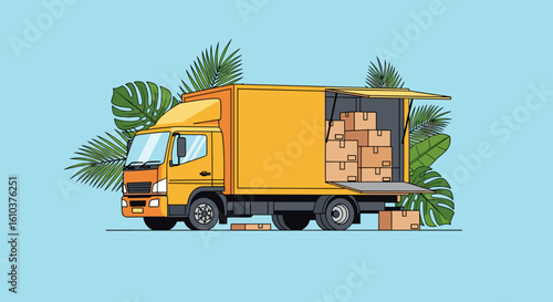 Moving truck with boxes and open back, delivery service, illustration, blue background, yellow color