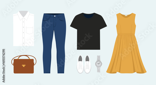 Outfit essentials: white shirt, blue jeans, black tee, yellow dress, accessories for everyday wear