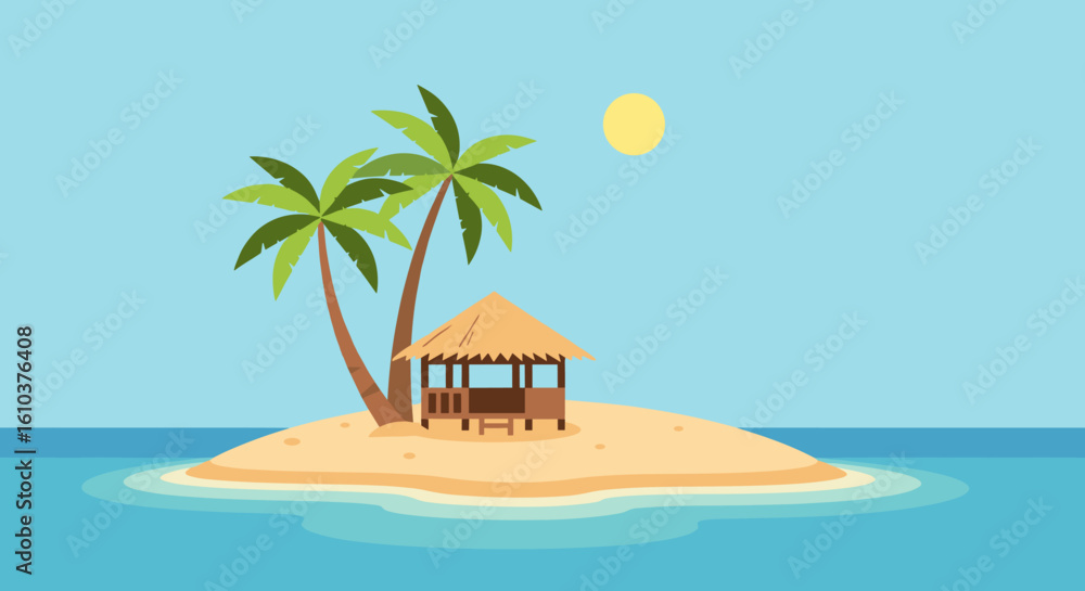 Obraz premium Tropical Island Paradise with Palm Trees and Gazebo under the Sun on a Clear Blue Day