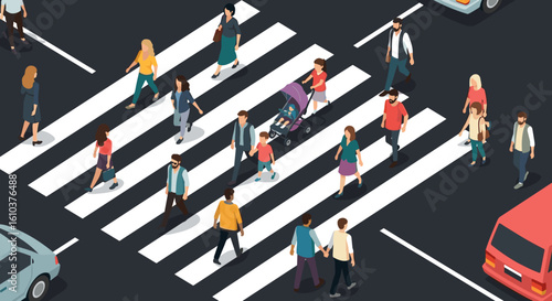 Diverse People Crossing Zebra Crossing: Urban Street Scene with Cars, Walking, and Daily Life
