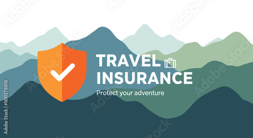 Travel insurance concept with shield and mountains protecting adventure, flat design illustration