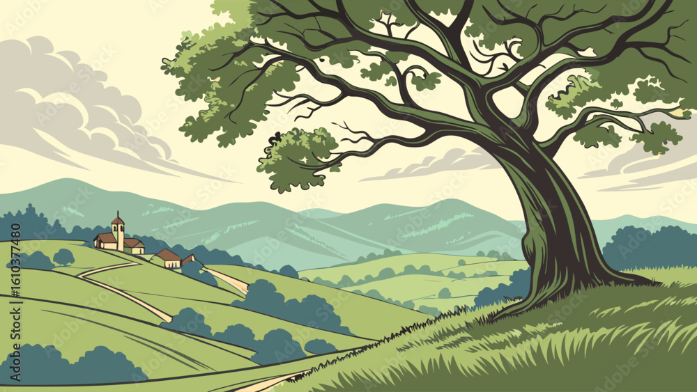 Naklejka premium Serene Vintage Illustration Rolling Hills Landscape Oak Tree Village Scenic Artwork Pastoral Countryside Art Print