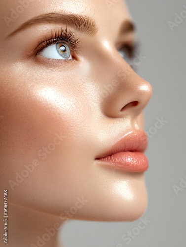 Hydrating Makeup Look Cinematic Glow Close-up portrait of a beautiful young woman. Hydrating Makeup Look