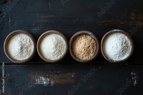 4 types of food flour in small wooden bowls on a wooden background
