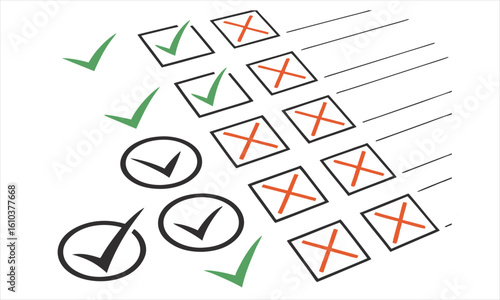 Close-up of a checklist with many green checkmarks and red crosses