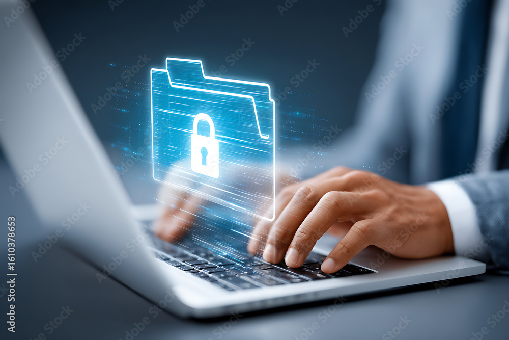 Obraz premium Safeguarding Digital Files With Encryption While Working on a Laptop in an Office Setting