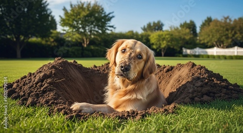 Adorable Golden Retriever Dog Covered in Dirt Peeking Out of a Hole in a Lush Green Yard