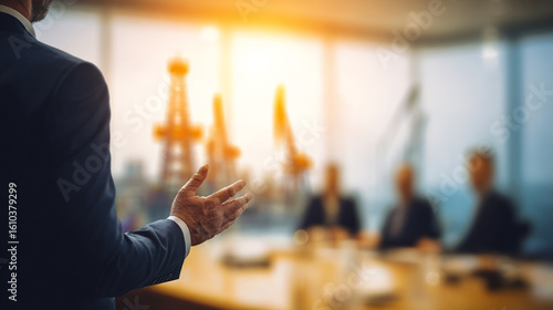 Businessman presenting oil energy investment strategy in a boardroom