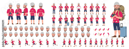 Traveler character model sheet, Character poses, expressions, Walk cycle, Run cycle animated character sequences.