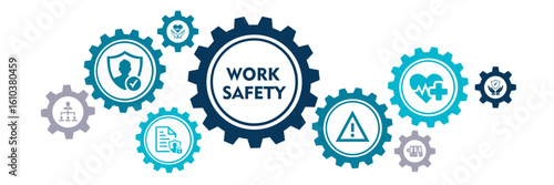 Work safety web banner icon vector illustration for occupational safety and health at work with safety first, protection, regulations, hazards, health, and insurance icon 