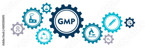 GMP banner website icons vector illustration concept. GMP abbreviation standing for good manufacturing practice